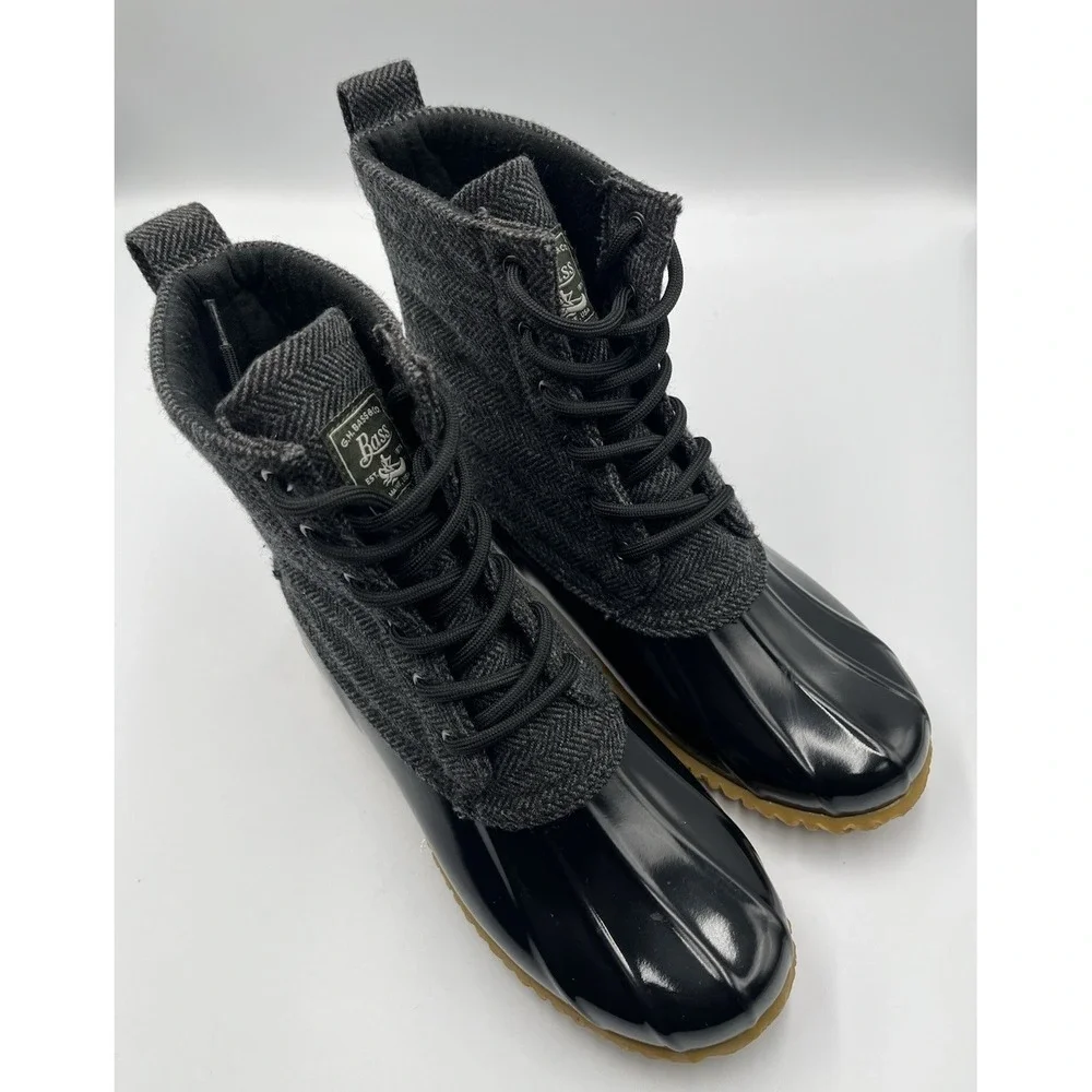 G.H. Bass Duck Boots Womens 8 Black Grey‎ Herringbone Waterproof Lace Up